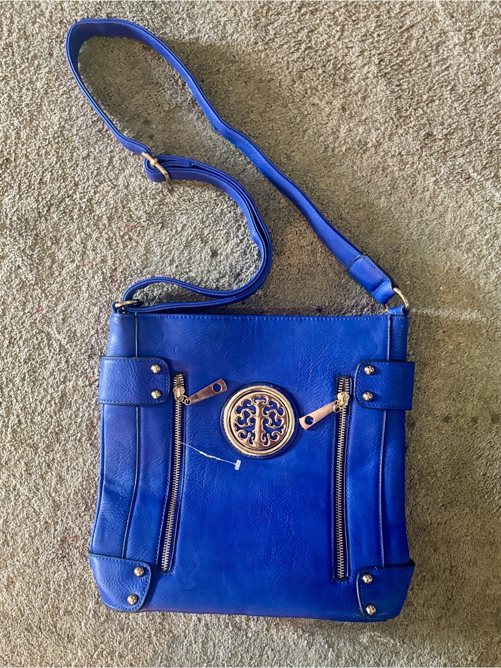 Cobalt Blue Crossbody Bag with Gold Medallion Accent